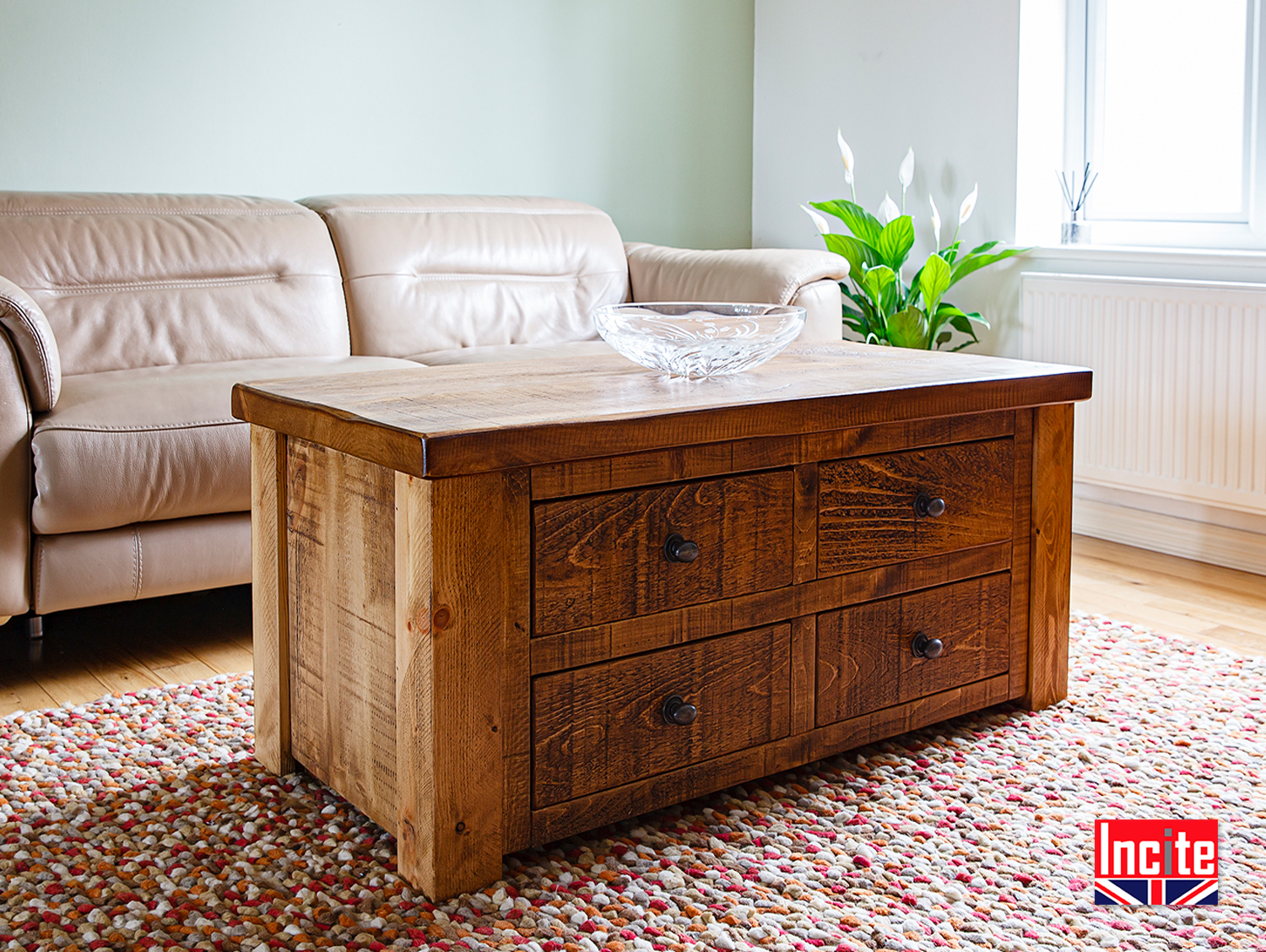 Solid pine coffee table with deals drawers